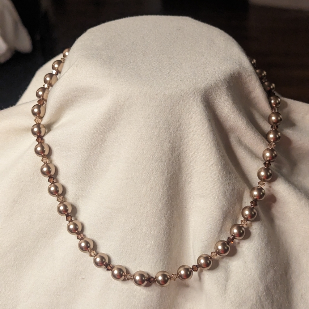 Bronze Color Glass Bead & Crystal Necklace 925 Chain & Clasp